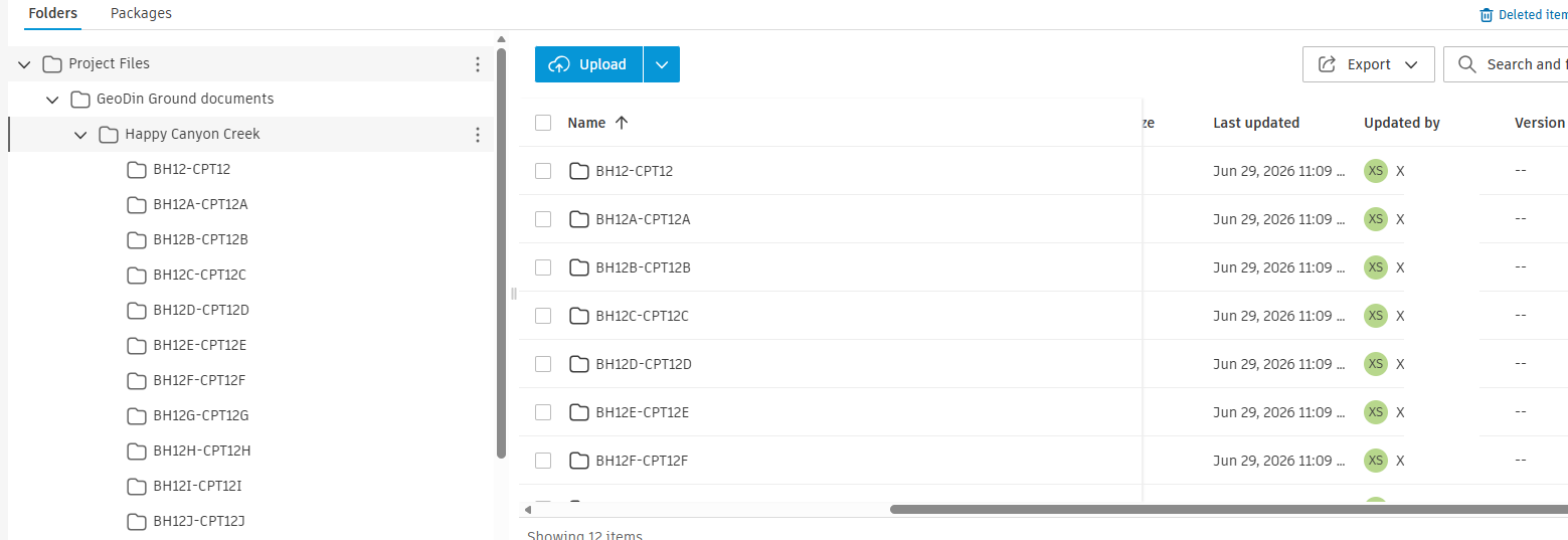 Forma document folder open, showing individual sub-folders for each borehole