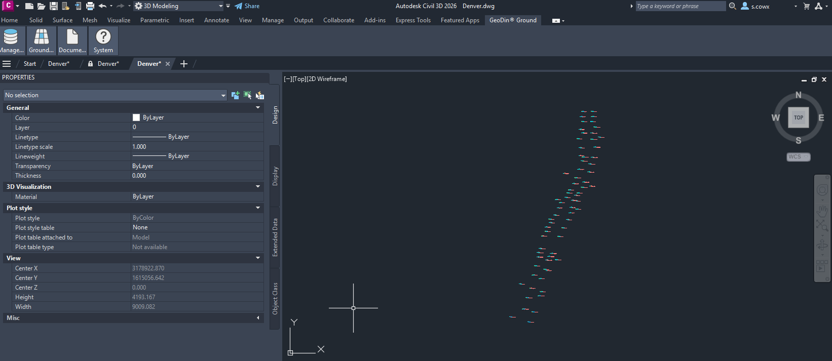 Civil 3D drawing with borehole sticks placed at their correct plan positions