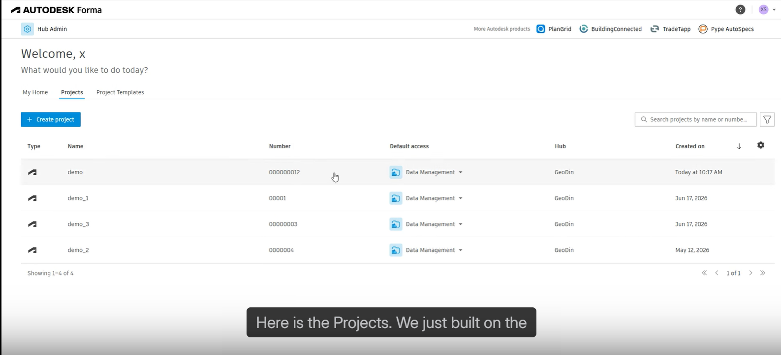 Forma hub showing available projects with one project ticked for sync